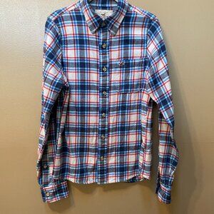 Hollister Flannel Plaid Long Sleeve Button Down Red/White/Blue Size S